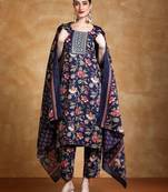 Floral Printed Thread Work Straight Kurta With Trousers & Dupatta