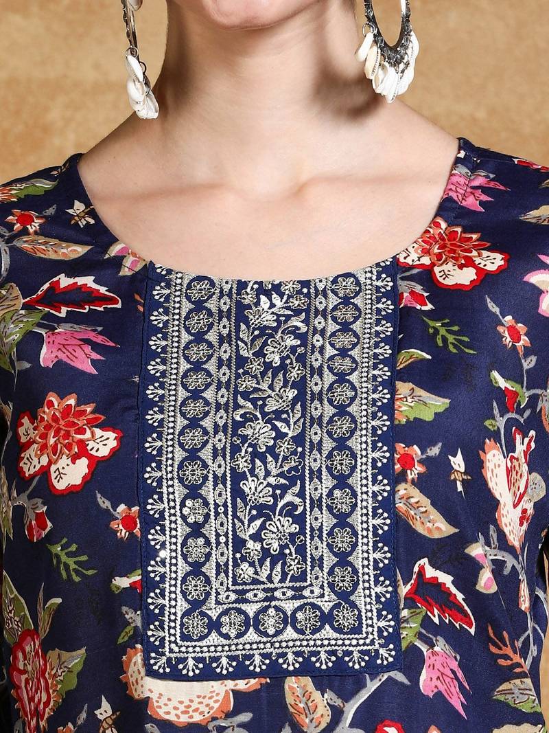 Floral Printed Thread Work Straight Kurta With Trousers & Dupatta