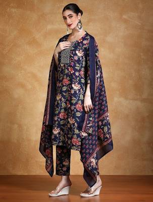 Floral Printed Thread Work Straight Kurta With Trousers & Dupatta 5