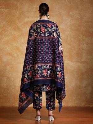 Floral Printed Thread Work Straight Kurta With Trousers & Dupatta 6