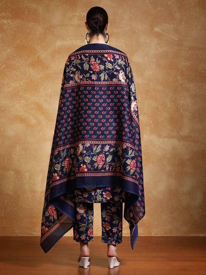 Floral Printed Thread Work Straight Kurta With Trousers & Dupatta