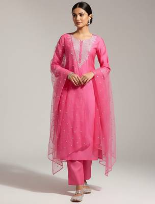 Women Yoke Design Regular Sequinned Chanderi Silk Kurta with Trousers & With Dupatta 1