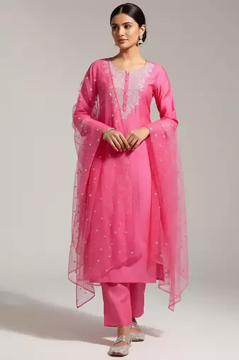 Women Yoke Design Regular Sequinned Chanderi Silk Kurta with Trousers & With Dupatta