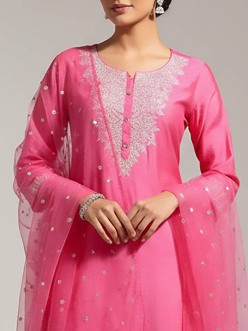 Women Yoke Design Regular Sequinned Chanderi Silk Kurta with Trousers & With Dupatta