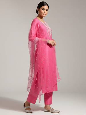 Women Yoke Design Regular Sequinned Chanderi Silk Kurta with Trousers & With Dupatta 3