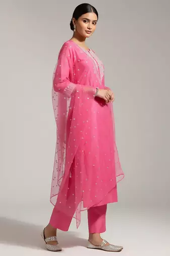 Women Yoke Design Regular Sequinned Chanderi Silk Kurta with Trousers & With Dupatta