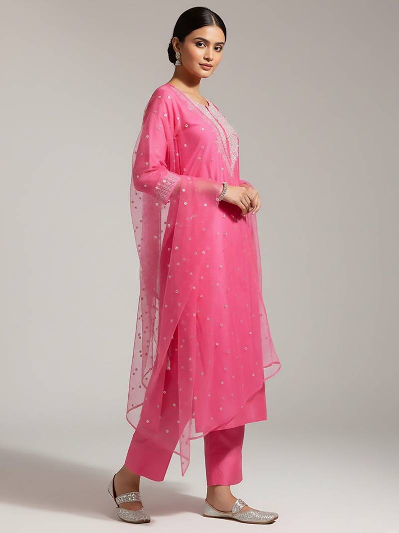 Women Yoke Design Regular Sequinned Chanderi Silk Kurta with Trousers & With Dupatta