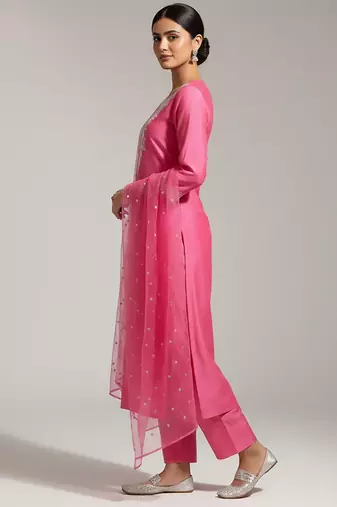 Women Yoke Design Regular Sequinned Chanderi Silk Kurta with Trousers & With Dupatta