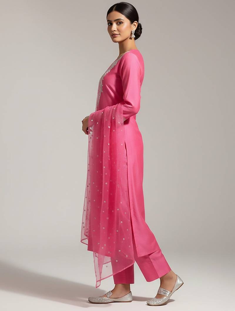 Women Yoke Design Regular Sequinned Chanderi Silk Kurta with Trousers & With Dupatta