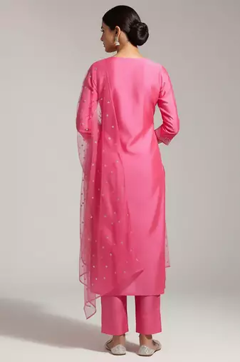 Women Yoke Design Regular Sequinned Chanderi Silk Kurta with Trousers & With Dupatta
