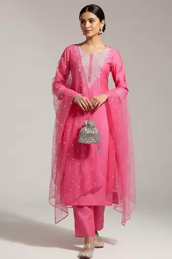 Women Yoke Design Regular Sequinned Chanderi Silk Kurta with Trousers & With Dupatta