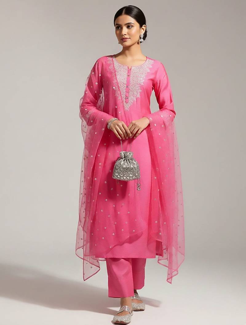 Women Yoke Design Regular Sequinned Chanderi Silk Kurta with Trousers & With Dupatta