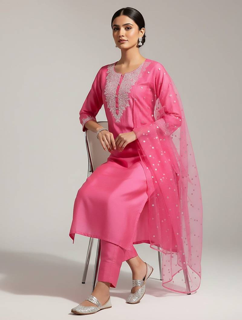 Women Yoke Design Regular Sequinned Chanderi Silk Kurta with Trousers & With Dupatta