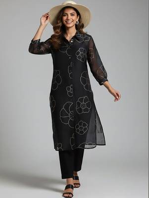 Women Floral Printed Regular Chanderi Silk Kurta with Trousers 1