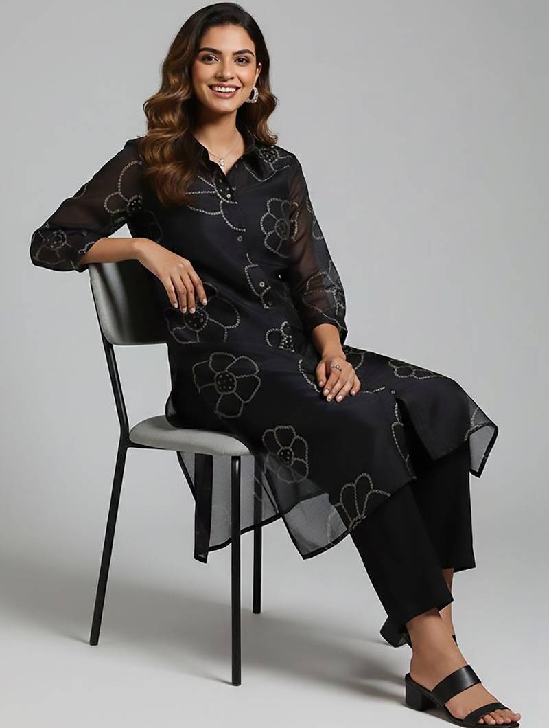 Women Floral Printed Regular Chanderi Silk Kurta with Trousers