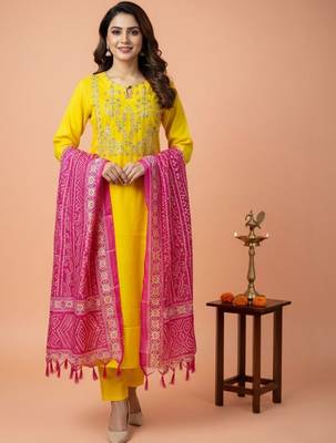 Women Ethnic Motifs Embroidered Regular Thread Work Kurta with Trousers & With Dupatta 4