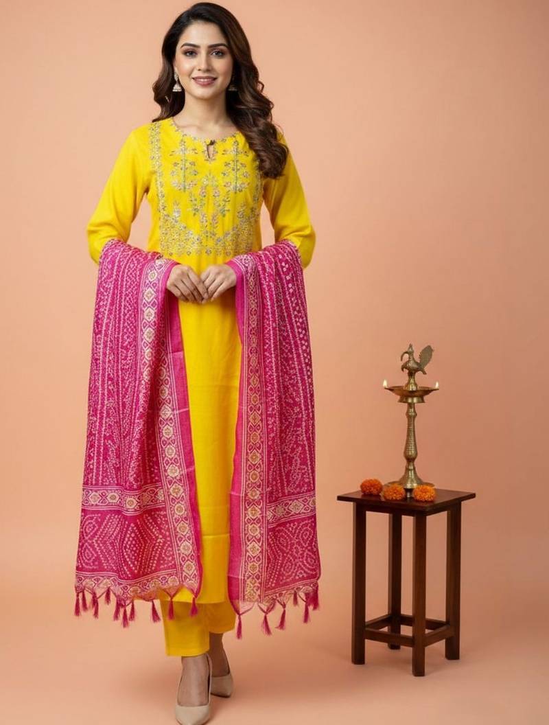 Women Ethnic Motifs Embroidered Regular Thread Work Kurta with Trousers & With Dupatta