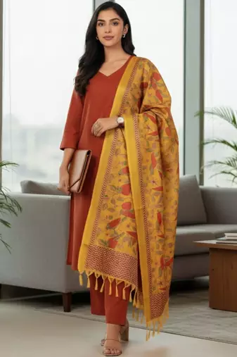 Women Ethnic Motifs Regular Kurta with Trousers & With Dupatta
