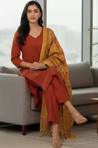 Women Ethnic Motifs Regular Kurta with Trousers & With Dupatta