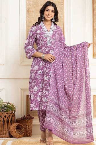Floral Printed Regular Straight Kurta with Trouser & with Dupatta