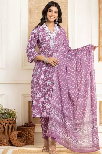Floral Printed Regular Straight Kurta with Trouser & with Dupatta
