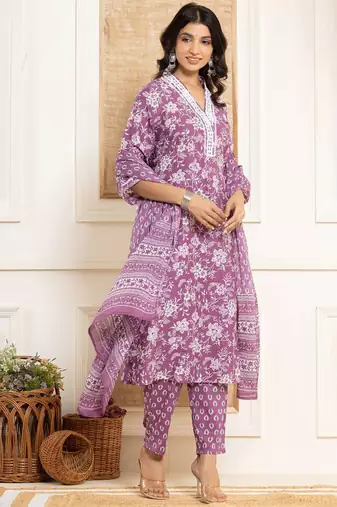 Floral Printed Regular Straight Kurta with Trouser & with Dupatta