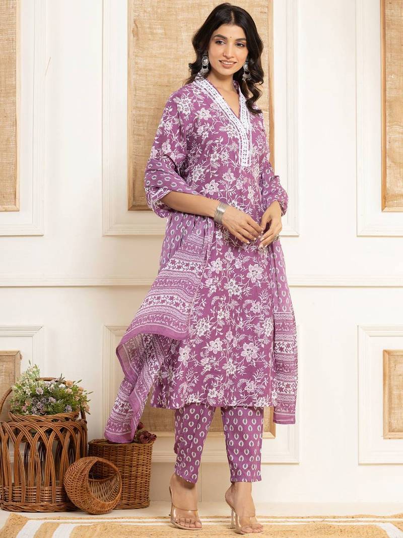 Floral Printed Regular Straight Kurta with Trouser & with Dupatta