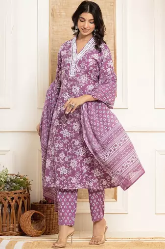 Floral Printed Regular Straight Kurta with Trouser & with Dupatta