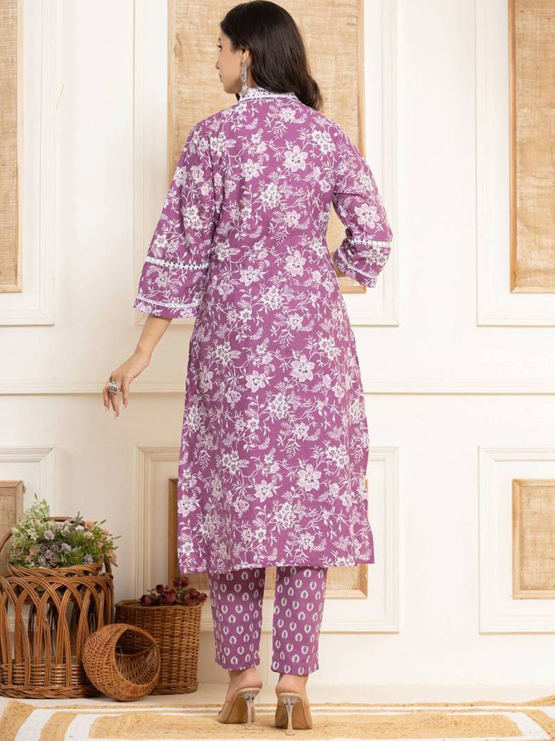 Floral Printed Regular Straight Kurta with Trouser & with Dupatta