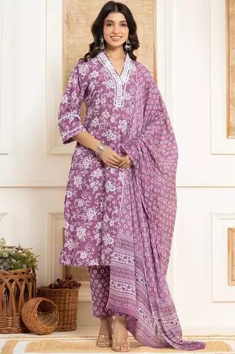Floral Printed Regular Straight Kurta with Trouser & with Dupatta