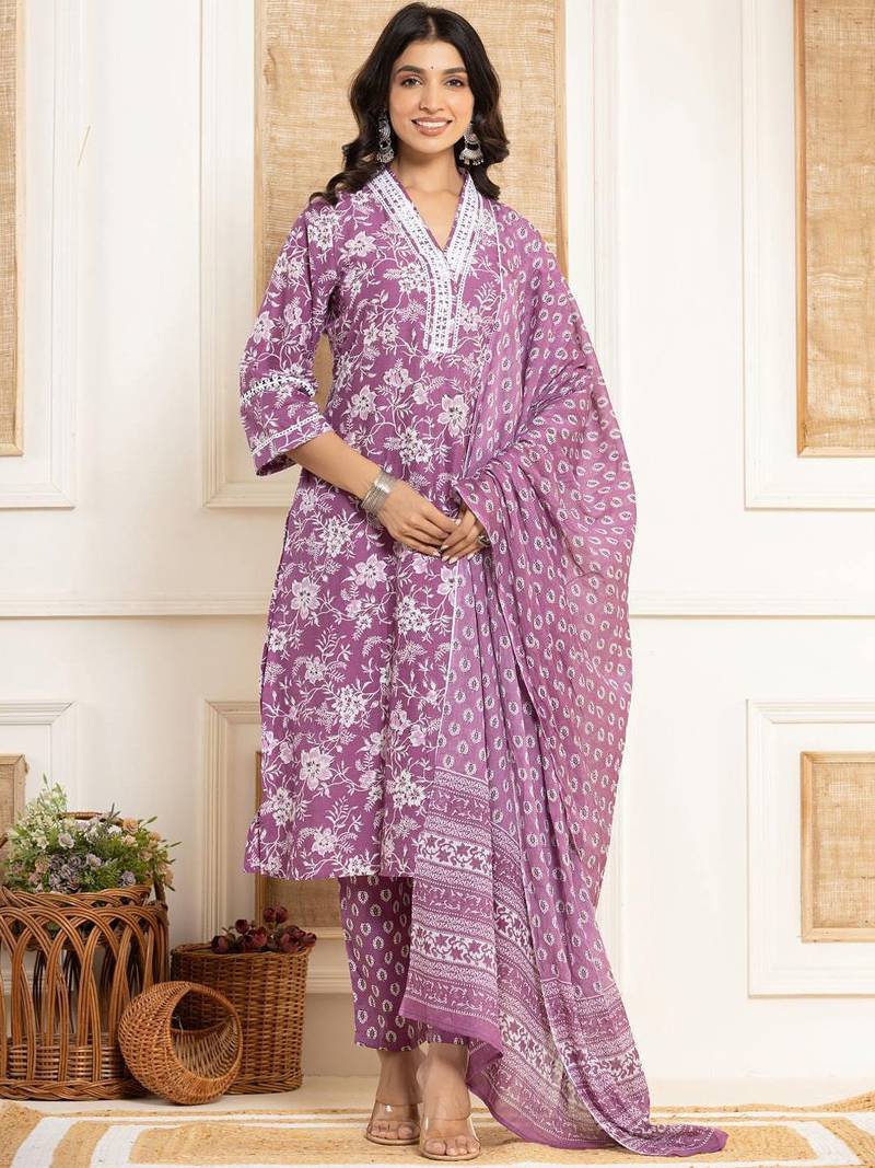 Floral Printed Regular Straight Kurta with Trouser & with Dupatta