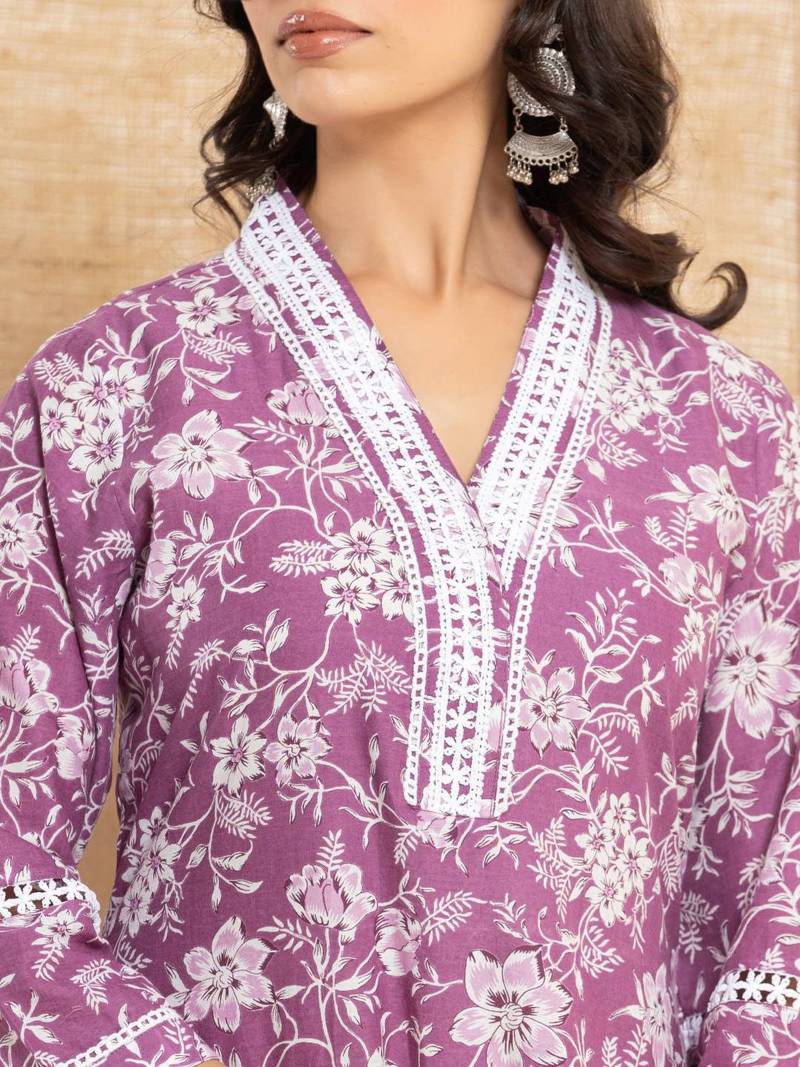 Floral Printed Regular Straight Kurta with Trouser & with Dupatta