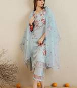 Floral Embroidered Round Neck Thread Work Kurta with Trousers & With Dupatta