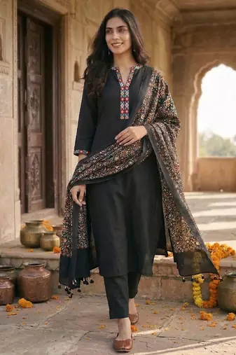 Women Ethnic Motifs Regular Phulkari Pure Cotton Kurta with Trousers & With Dupatta