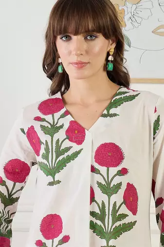 Floral Printed V-Neck Pure Cotton A-Line Kurta With Trouser