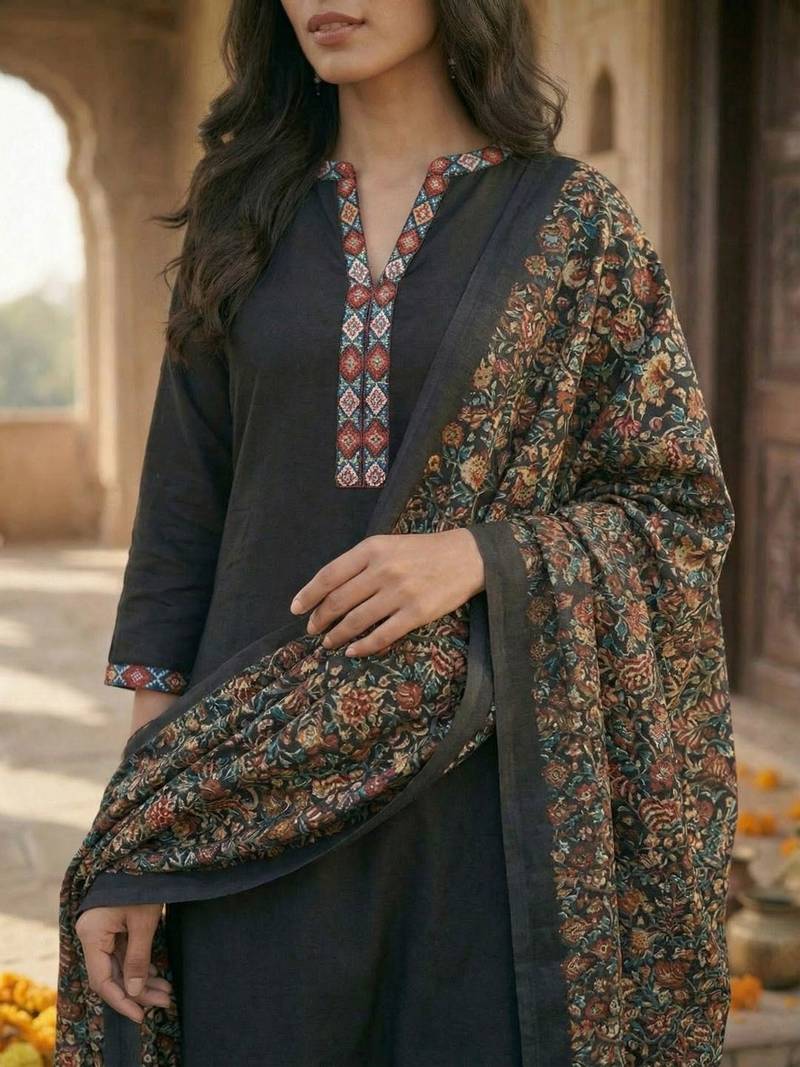 Women Ethnic Motifs Regular Phulkari Pure Cotton Kurta with Trousers & With Dupatta