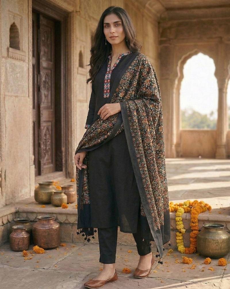Women Ethnic Motifs Regular Phulkari Pure Cotton Kurta with Trousers & With Dupatta
