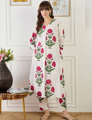 Floral Printed V-Neck Pure Cotton A-Line Kurta With Trouser 1