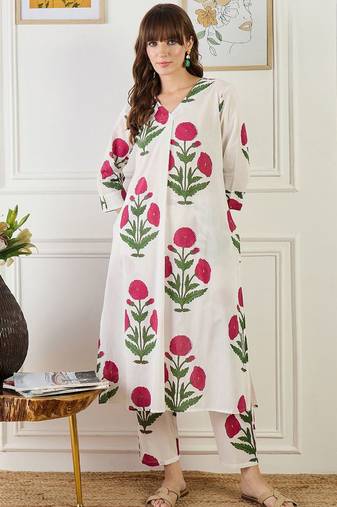 Floral Printed V-Neck Pure Cotton A-Line Kurta With Trouser