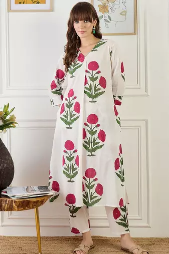 Floral Printed V-Neck Pure Cotton A-Line Kurta With Trouser
