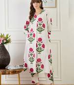 Floral Printed V-Neck Pure Cotton A-Line Kurta With Trouser