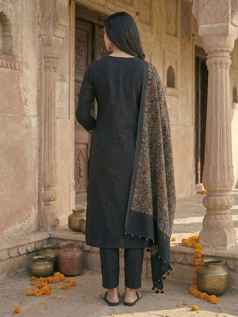 Women Ethnic Motifs Regular Phulkari Pure Cotton Kurta with Trousers & With Dupatta