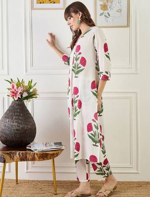 Floral Printed V-Neck Pure Cotton A-Line Kurta With Trouser 3