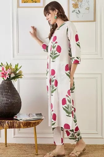 Floral Printed V-Neck Pure Cotton A-Line Kurta With Trouser