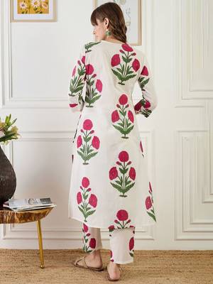 Floral Printed V-Neck Pure Cotton A-Line Kurta With Trouser 4