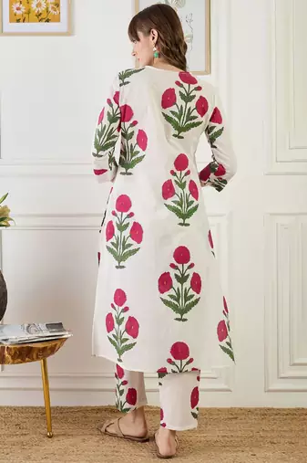Floral Printed V-Neck Pure Cotton A-Line Kurta With Trouser