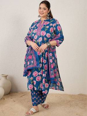 Plus Size Blue Printed Straight Kurta Trousers With Dupatta Set 1