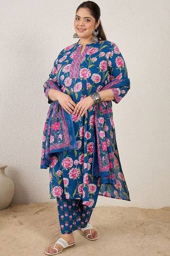 Plus Size Blue Printed Straight Kurta Trousers With Dupatta Set