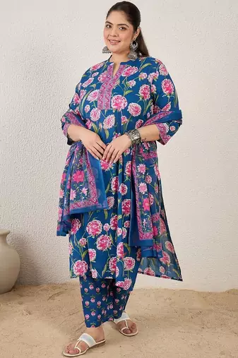 Plus Size Blue Printed Straight Kurta Trousers With Dupatta Set