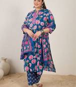 Plus Size Blue Printed Straight Kurta Trousers With Dupatta Set